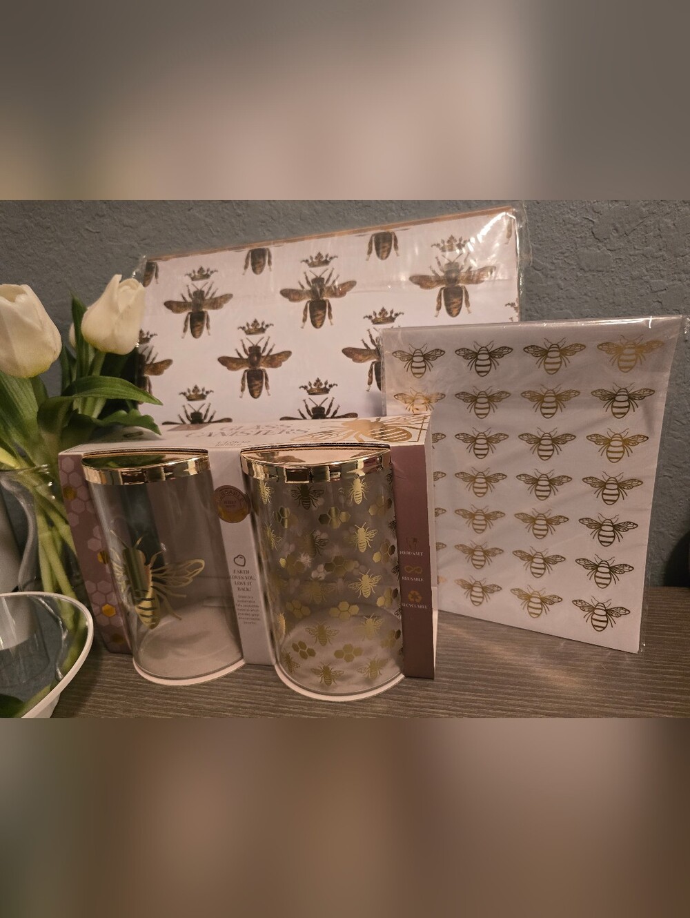 Set of [2] Glass Bee Jars with Stickers & Paper